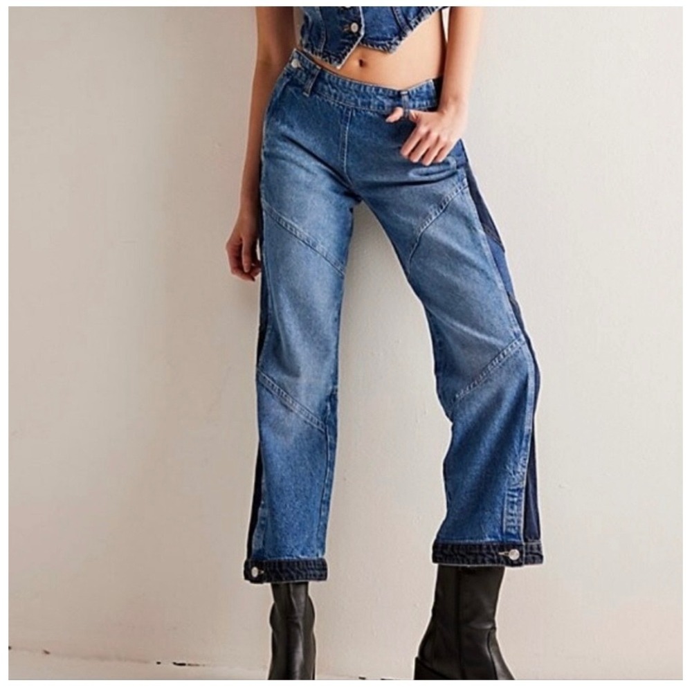 We The Free Free People Two Tone Paneled Wide Leg Jeans Blue OB1874447 Size 27